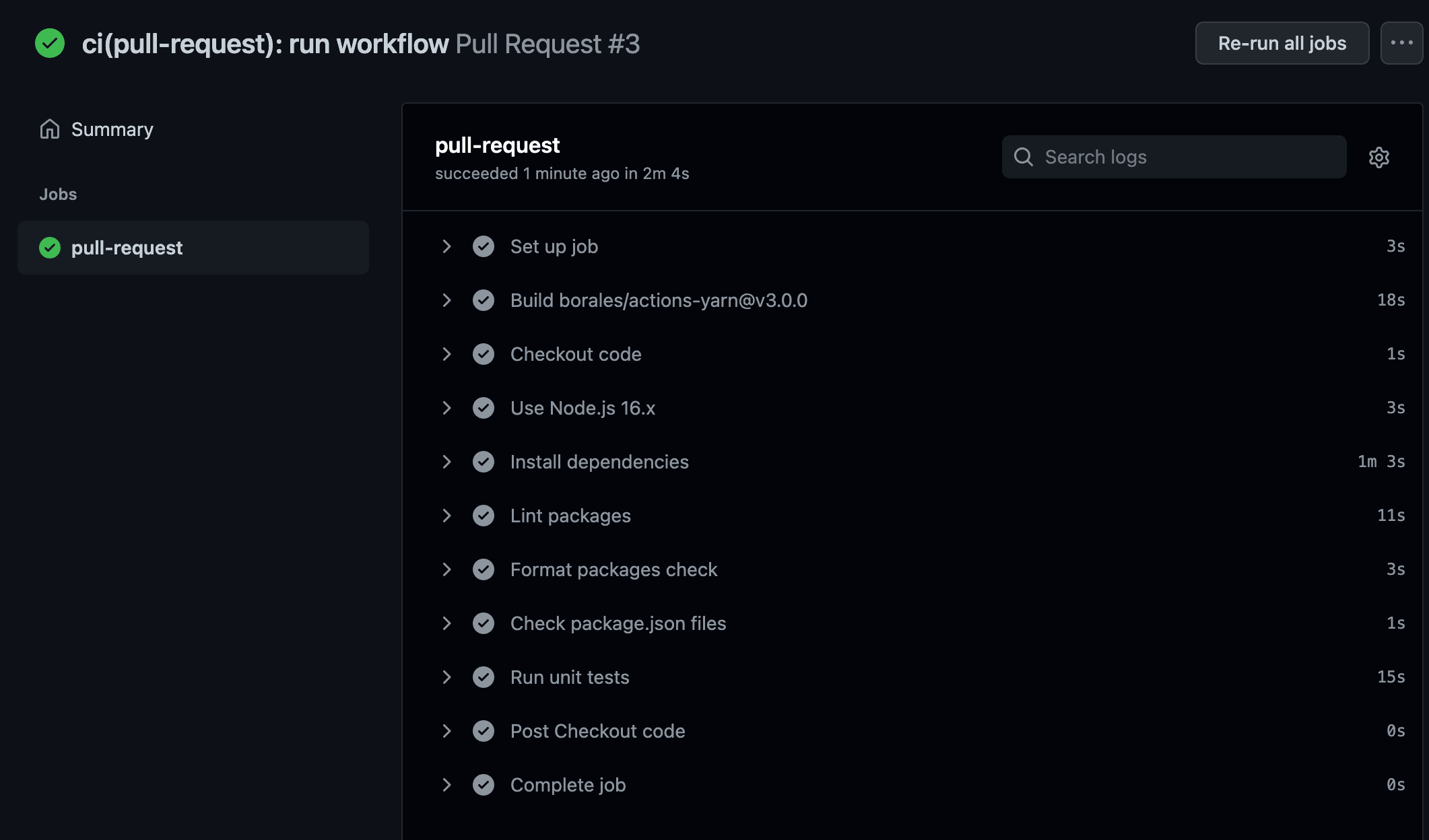 Screenshot of all steps being executed on GitHub